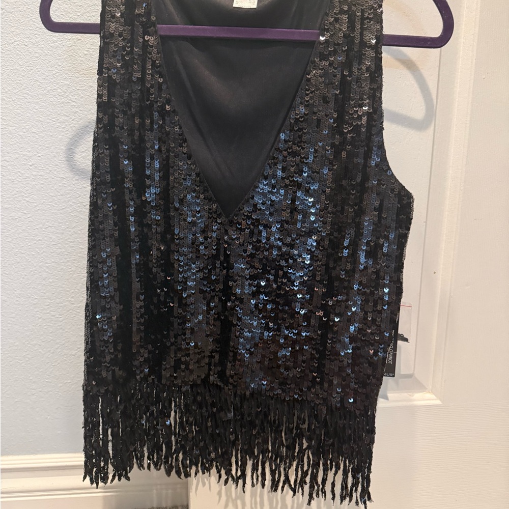 VENUS Black Sequin V-Neck Fringe Tank